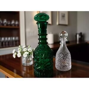 Vintage Emerald Green Italian Art Glass Decanter with Stopper, Empoli Style